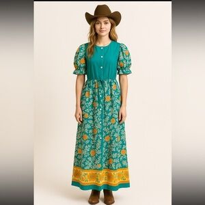 Vintage 1960s floral drawstring button front Maxi Sundress flower power‎ hippie
